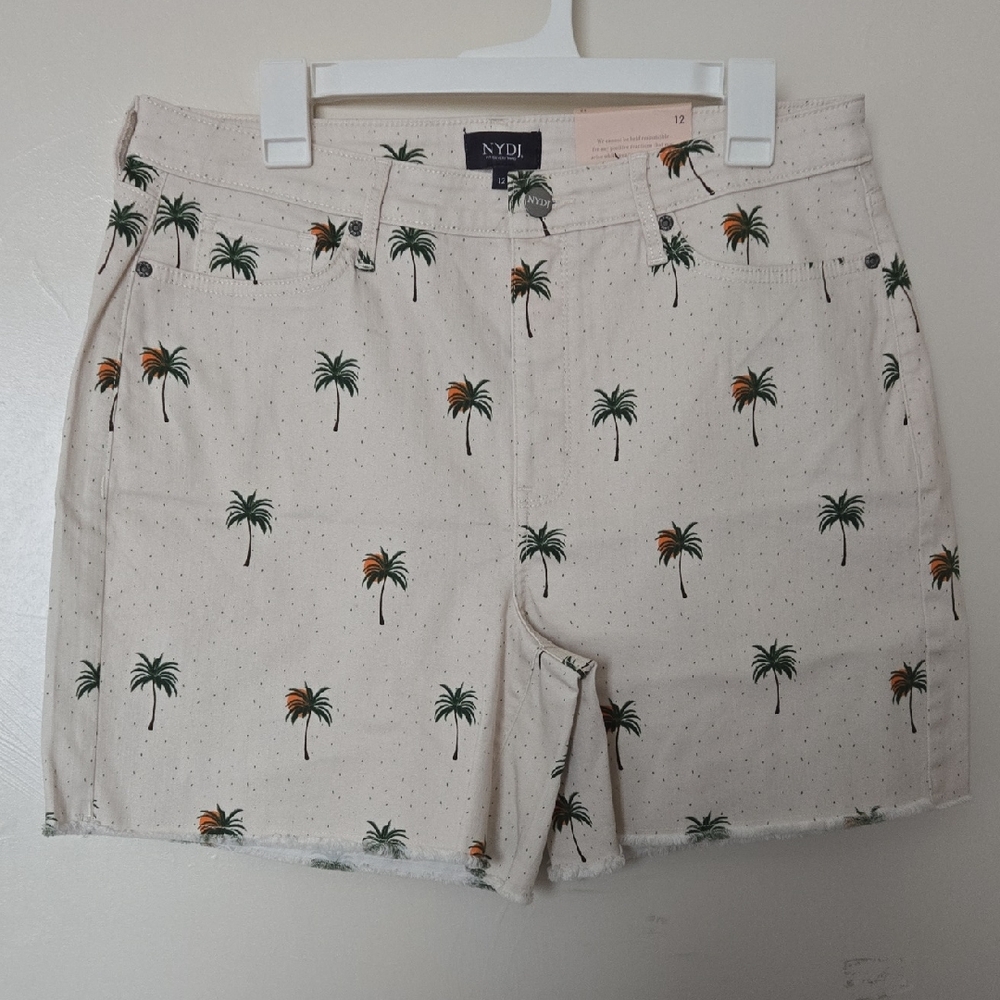 NYDJ Cirque Des Palmes Women's Tan Palm Print Jean Shorts Sz 12